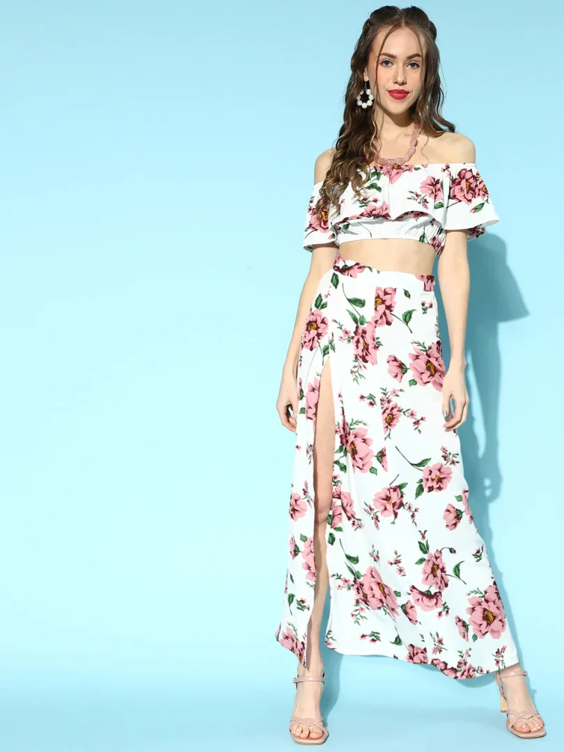 Women White & Pink Floral Printed Off-Shoulder Neck Thigh-High Slit Ruffled Co-Ordinate Set - Image 6