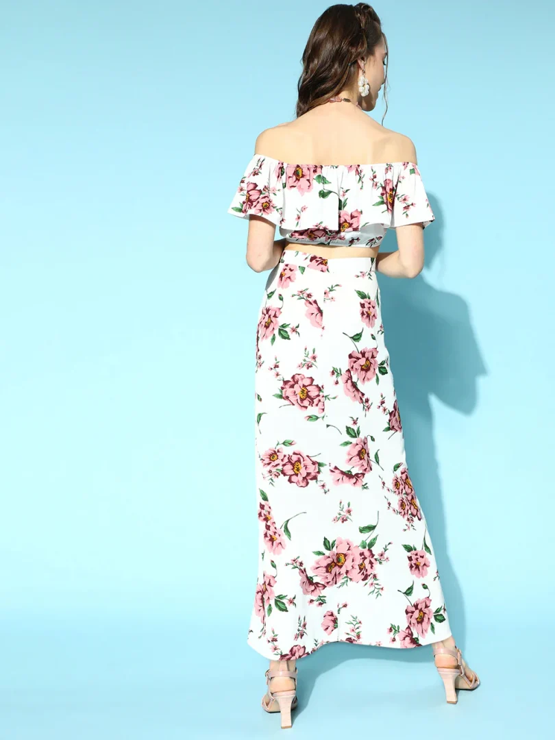 Women White & Pink Floral Printed Off-Shoulder Neck Thigh-High Slit Ruffled Co-Ordinate Set - Image 4